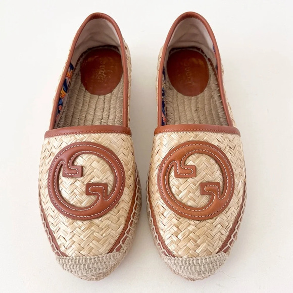 GUCCI || Adela GG Raffia Espadrilles Brown Leather Logo EU 36 US 6 - Picture 2 of 13